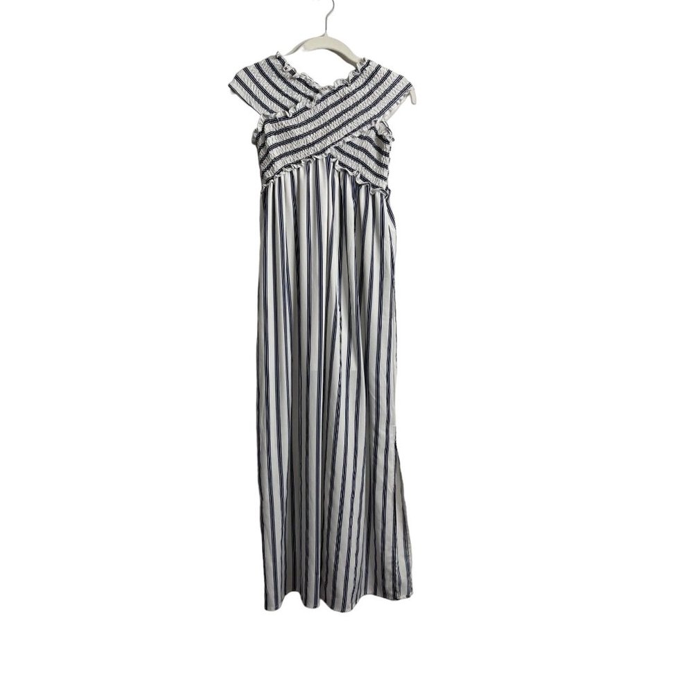 She + Sky Black White Striped Smocked Sleeveless Empire Maxi Dress Size S